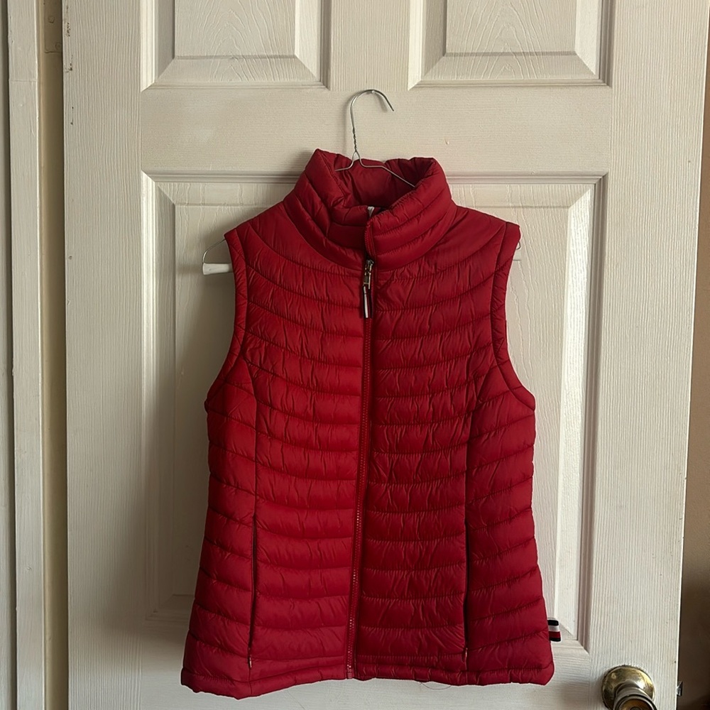 Red Tommy Hilfiger puffer vest.